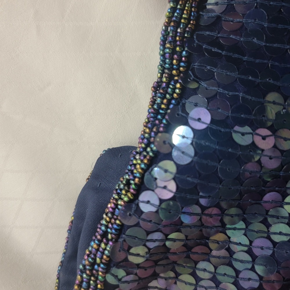Vintage 100% Silk Blue Iridescent Sequin Beaded Mini Dress Short Sleeve Small - Picture 14 of 15